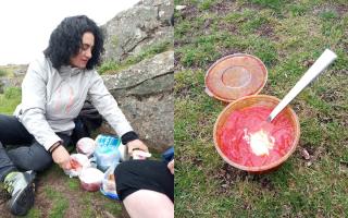 Pictured left: Tim’s friend Galyna, pictured on Traprain Law. Pictured right:  Galyna's home-made soup