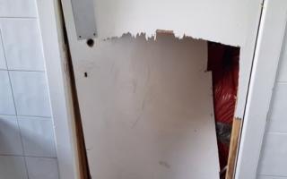 The cupboard inside the toilets was severely vandalised